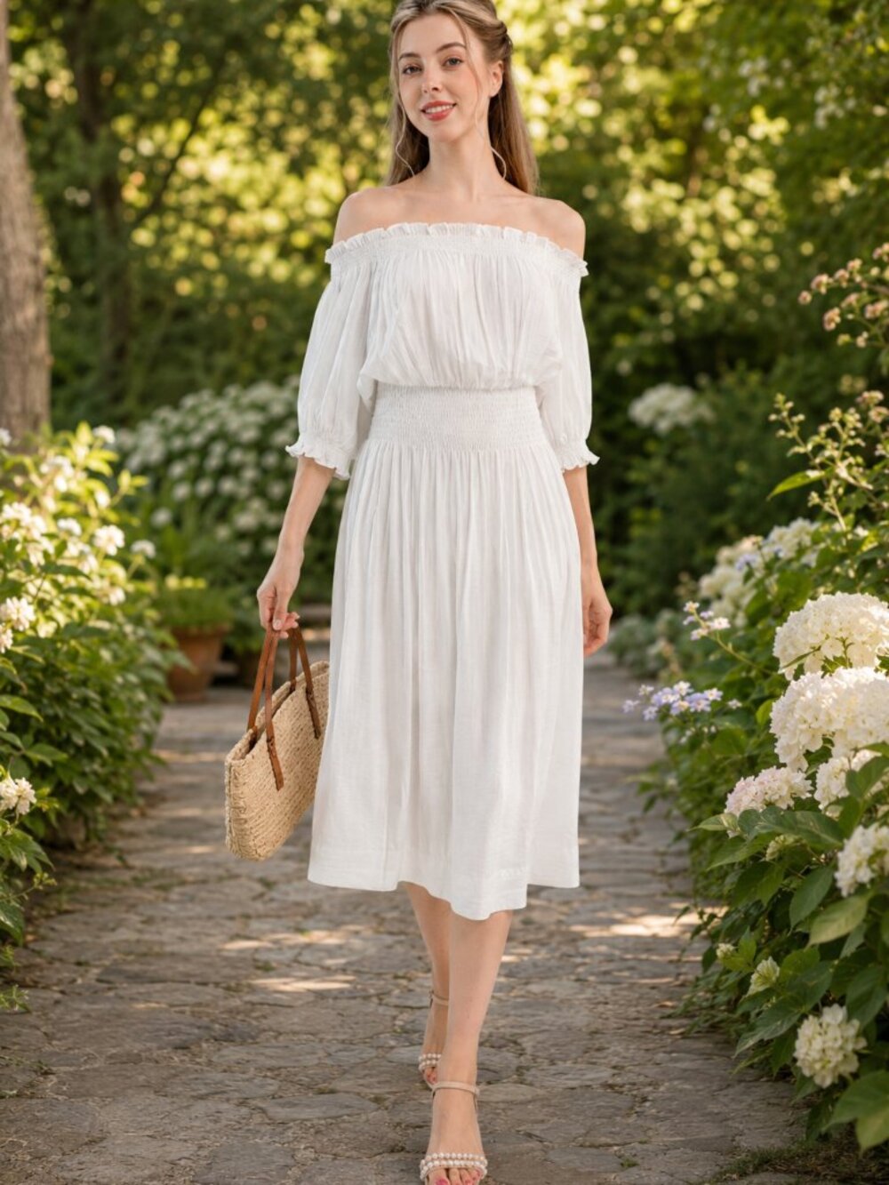 Elise Off-Shoulder Crinkle Midi Dress – White